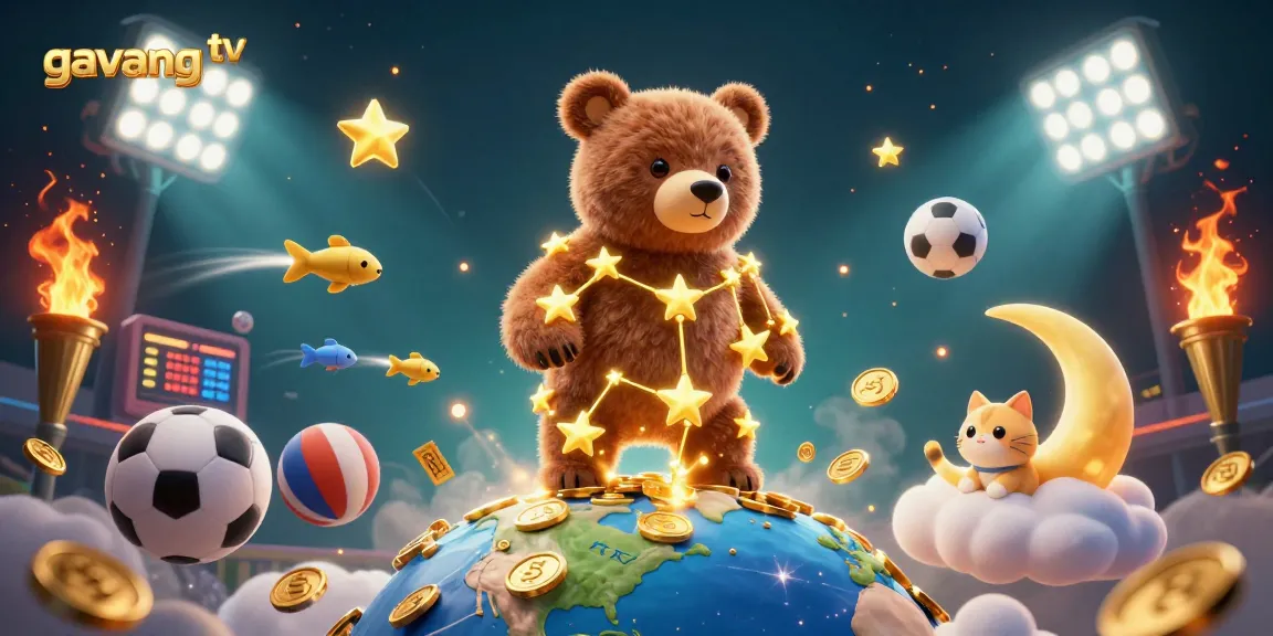 Engage with gavang tv in a vibrant 3D casino scene filled with sports balls, trophies, and starry characters.