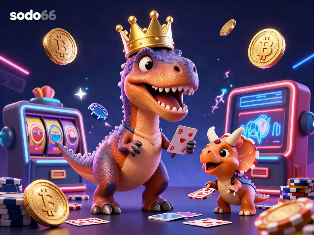Join the fun at sodo66 as a cartoon T-Rex shuffles cards in a vibrant casino scene.