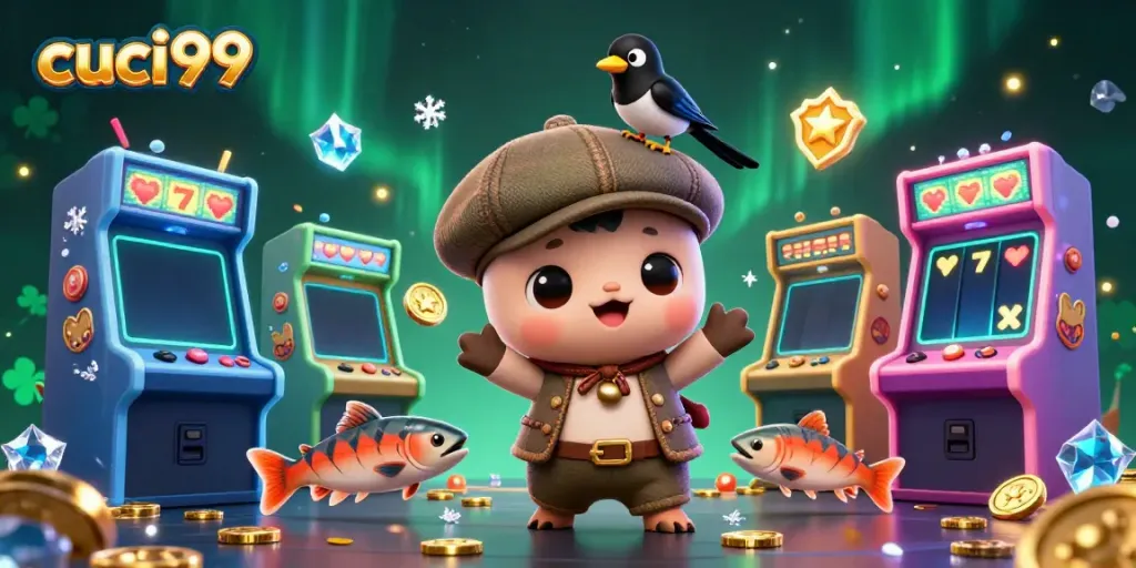 Experience the thrill of cuci99 with a playful Nessie and gold-obsessed magpie in a vibrant casino world.
