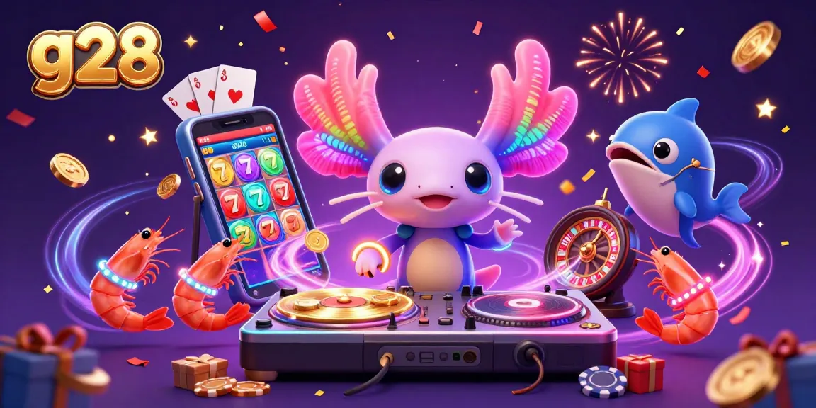 Experience g28's vibrant casino scene with an axolotl DJ and energetic glow-stick shrimp.