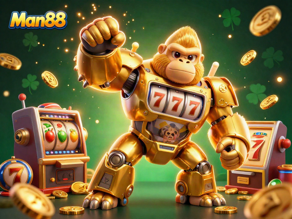 Experience thrilling wins with Man88's 3D illustration integrating slot machines and dynamic gold coins.