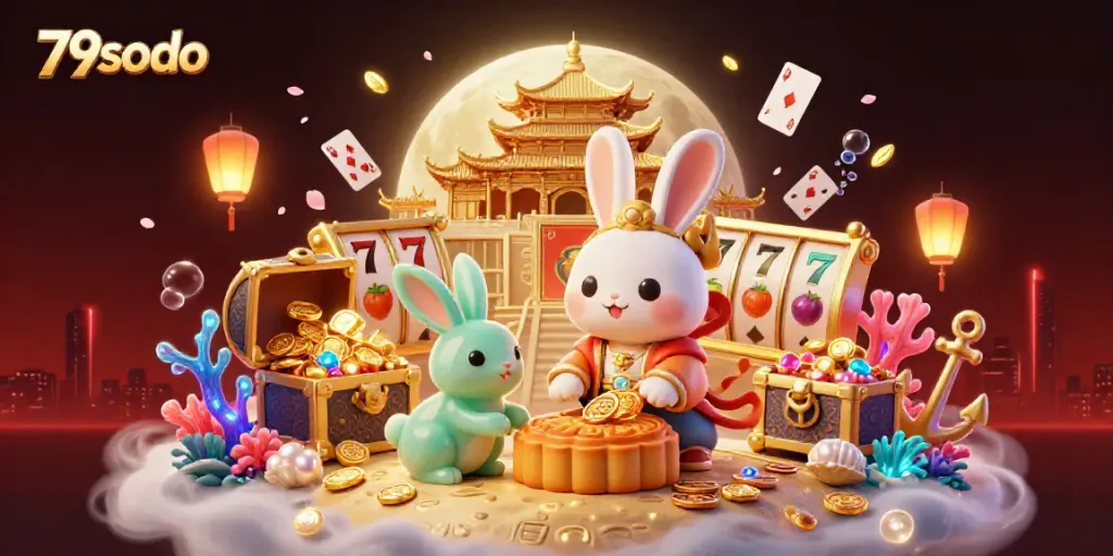 Engage in thrilling gambling adventures with 79sodo, featuring cartoon moon rabbits and vibrant casino elements.