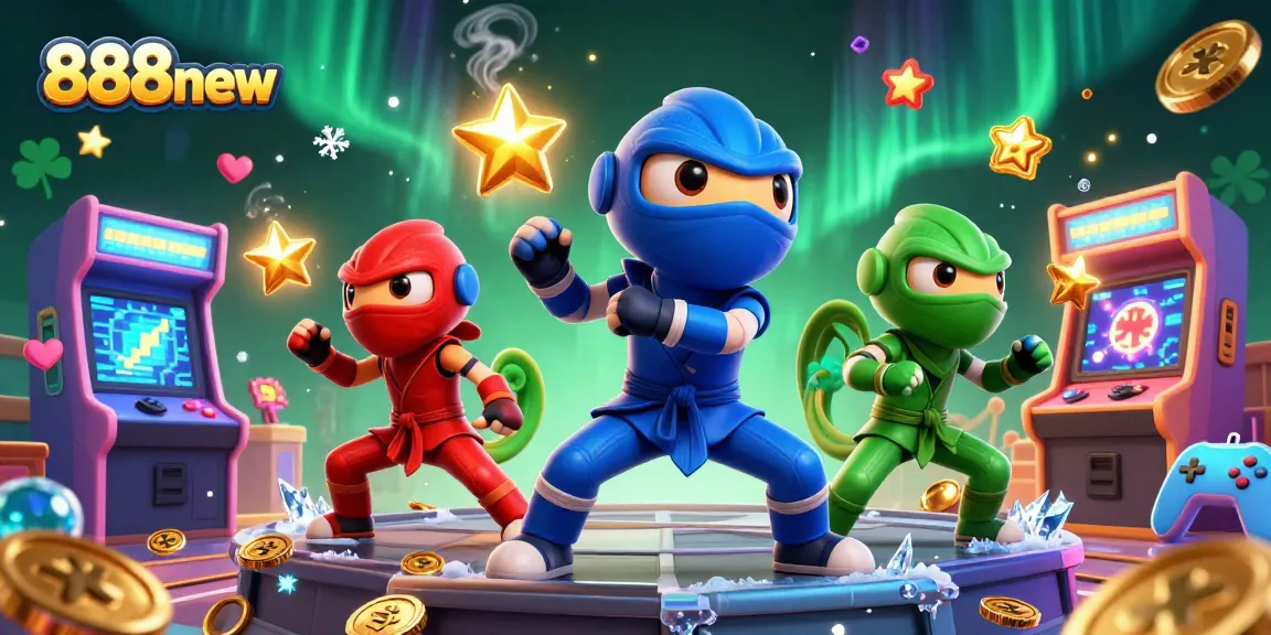 Win big at 888new as ninja chameleons throw stars in a vibrant casino scene filled with games.