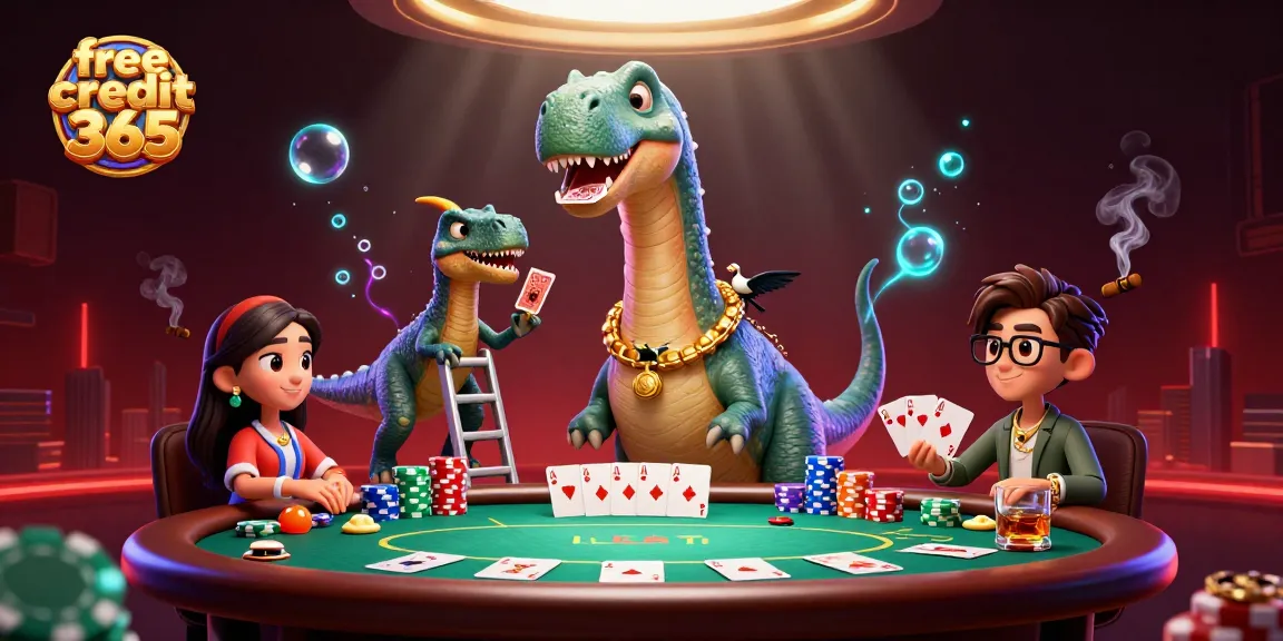 Experience poker excitement with free credit 365 offers illustrated in vibrant colors and playful characters.