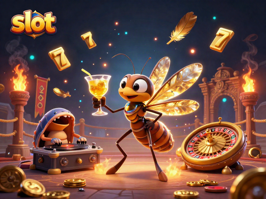 Engage in exciting slot action with a dazzling 3D cartoon casino scene featuring iconic symbols.