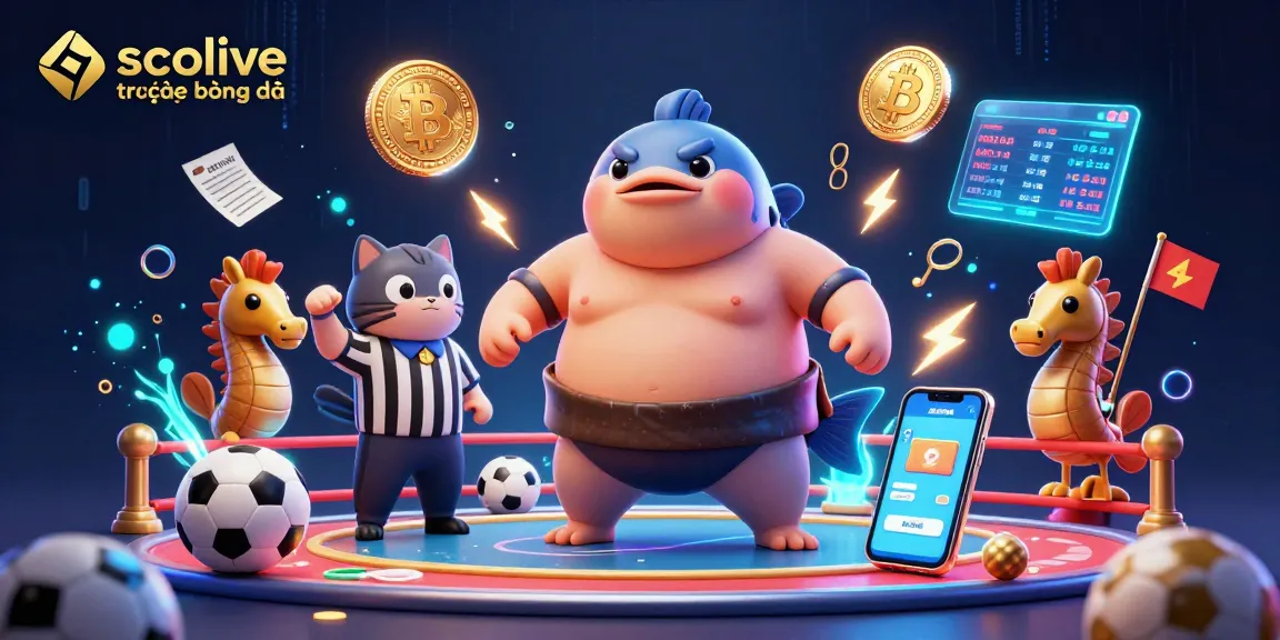 Score big with socolive trực tiếp bóng đá in this vibrant digital sports betting scene featuring a fugu character.