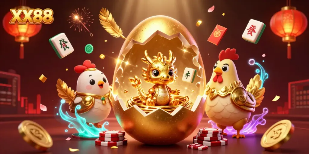 Experience the thrill of winning at XX88 with a golden dragon amidst poker chips and festive casino symbols!
