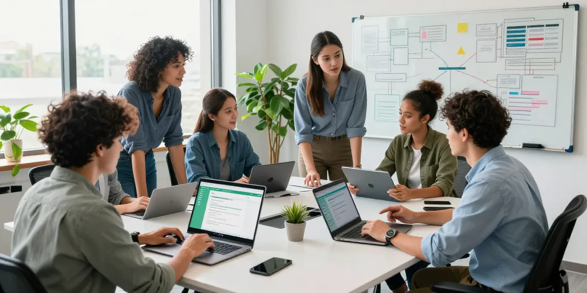Team collaborating with WhatsApp網頁版 open on laptop in a modern office setting