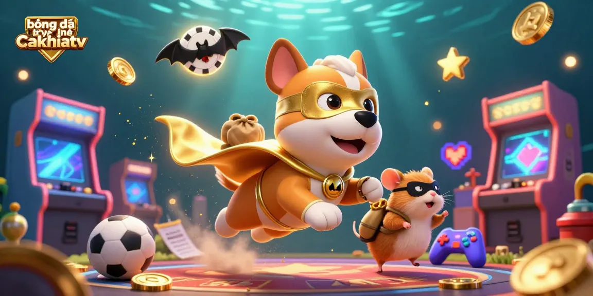 Engage in bóng đá trực tuyến cakhiatv with a dynamic superhero dog illustration, featuring vibrant casino elements and sports betting.