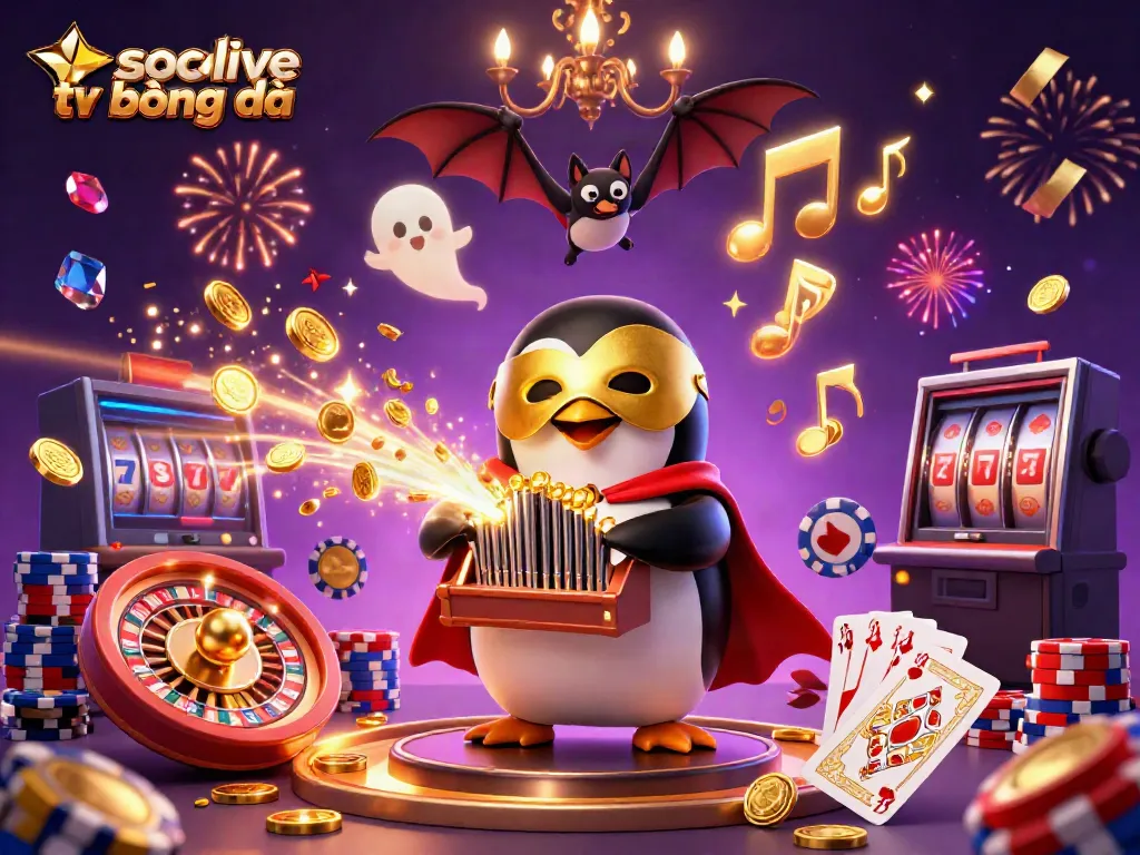 Experience thrilling action and excitement with socolive tv bóng đá featuring vibrant casino-themed imagery, including a penguin playing a golden organ.