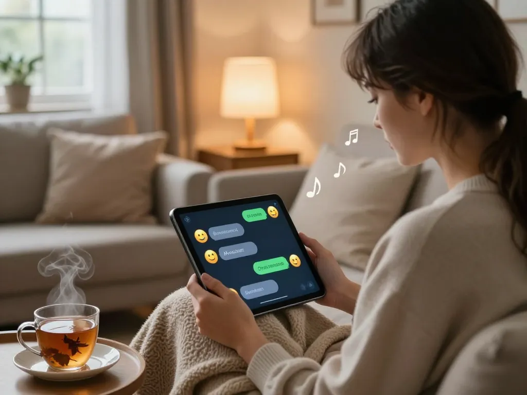 Person engaging in ai sex chat on a tablet in a cozy living room.