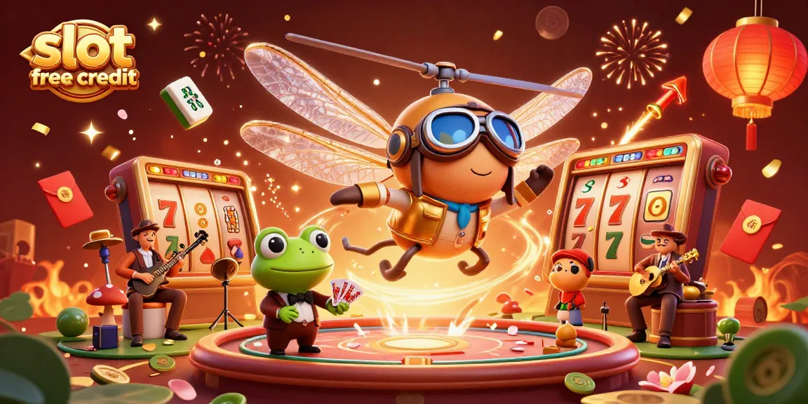 Spin the slots with slot free credit in this lively casino scene featuring playful characters.