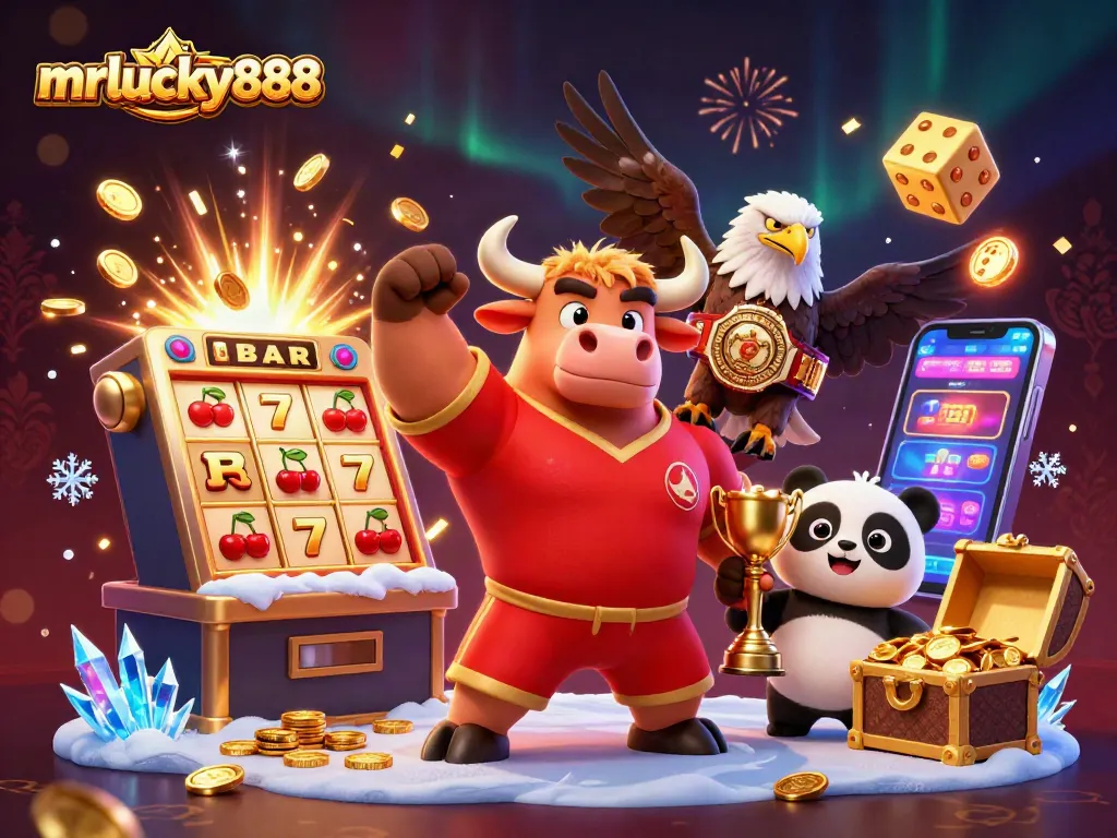 Spin to win with mrlucky888, featuring a dynamic scene of casino excitement with vibrant characters and game elements.