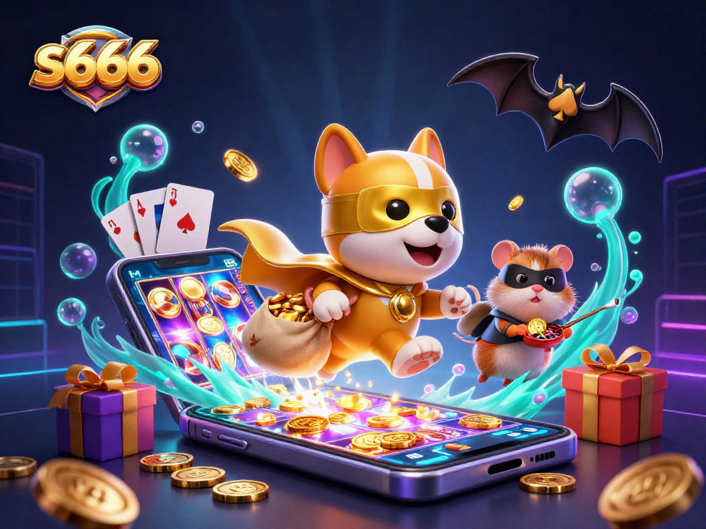 Engaging s666 casino scene with superhero dog and hamster amid dazzling gaming elements.