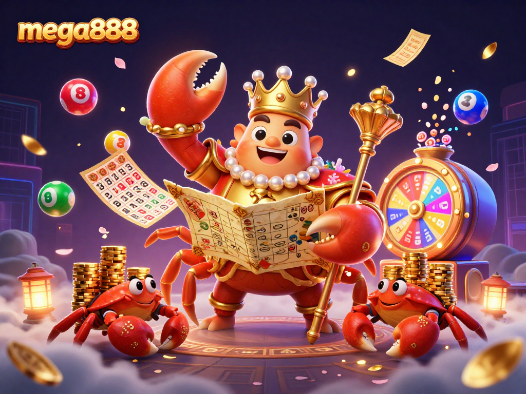 Mega888 menyediakan pengalaman permainan yang mengujakan dengan karakter ketam emas dan unsur kasino menarik.