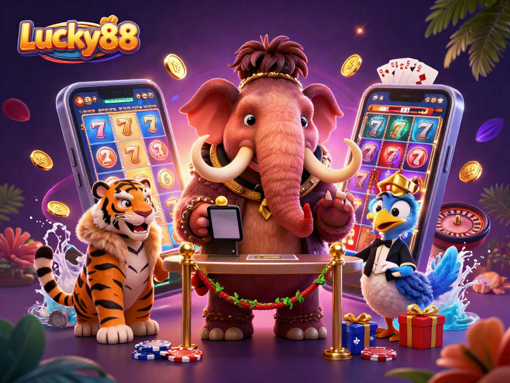 Experience Lucky88 thrills with a vibrant casino scene featuring a woolly mammoth bouncer and VIP guests.
