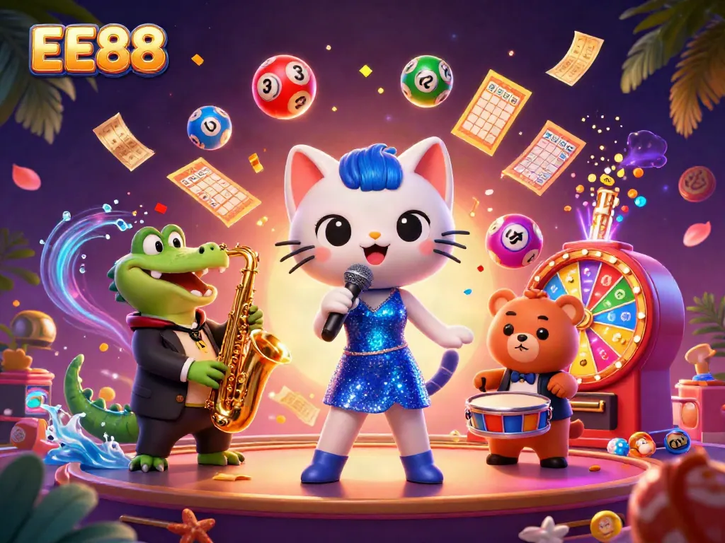 EE88 presents a vibrant casino scene with colorful lottery elements and animated characters celebrating jackpots.