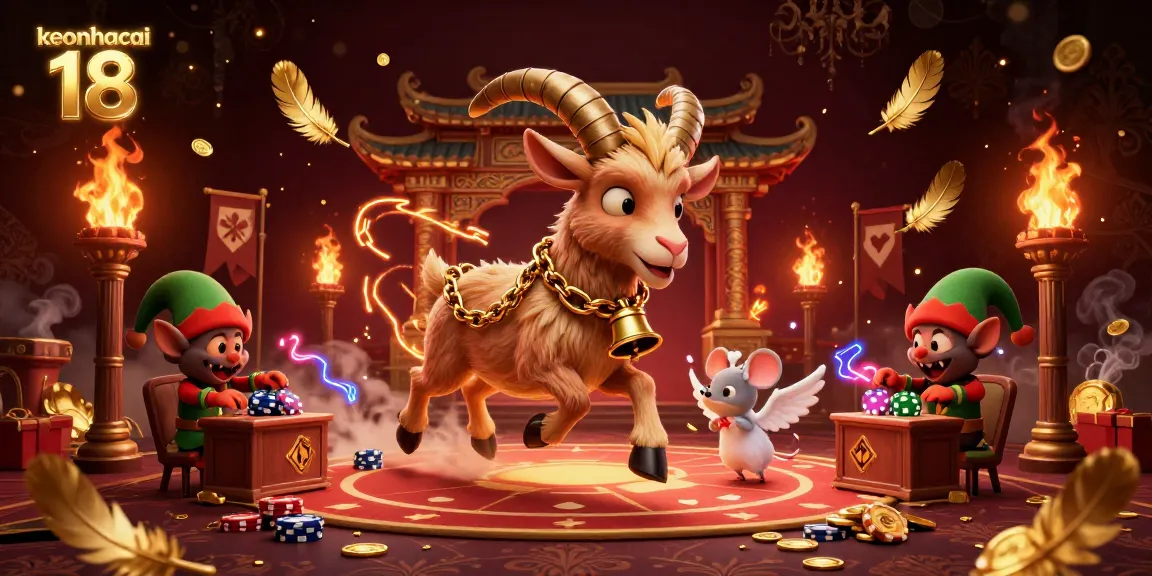 A festive casino scene with keonhacai 18 showcasing a Krampus goat, an angel mouse, and greedy gremlins.