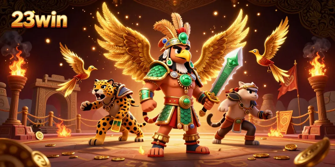 Experience the thrill of 23win with vibrant Aztec warriors in a rich casino environment, showcasing golden coins and dynamic gameplay.
