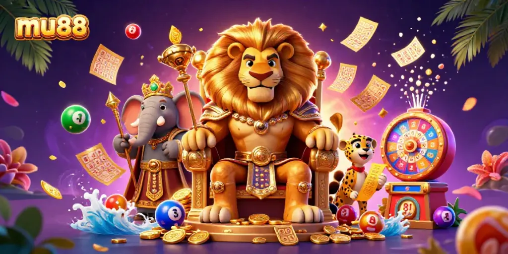 Engage with mu88's vibrant online casino atmosphere as a lion king oversees exciting gaming elements like lottery balls and prize wheels.