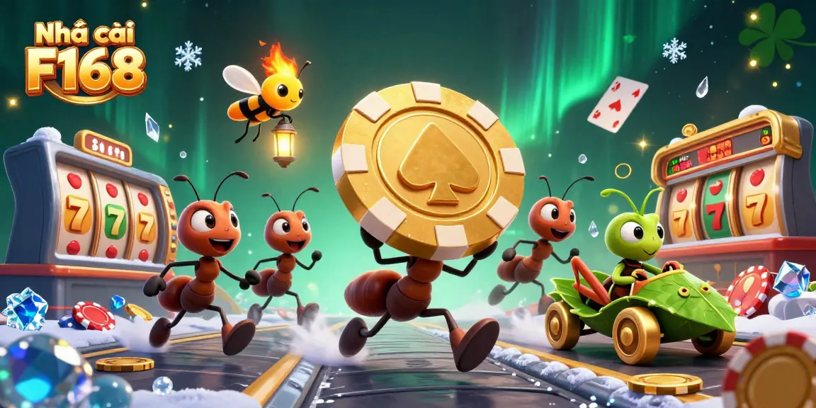 Engage with Nhà cái F168 in an action-packed heist scene featuring ants, a grasshopper driver, and vibrant casino elements.