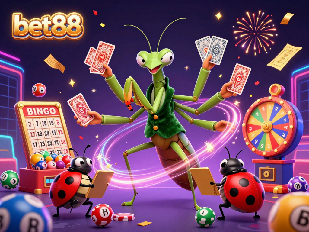 Experience the excitement of bet88 with a lively casino scene featuring vibrant games, festive elements, and dynamic characters.