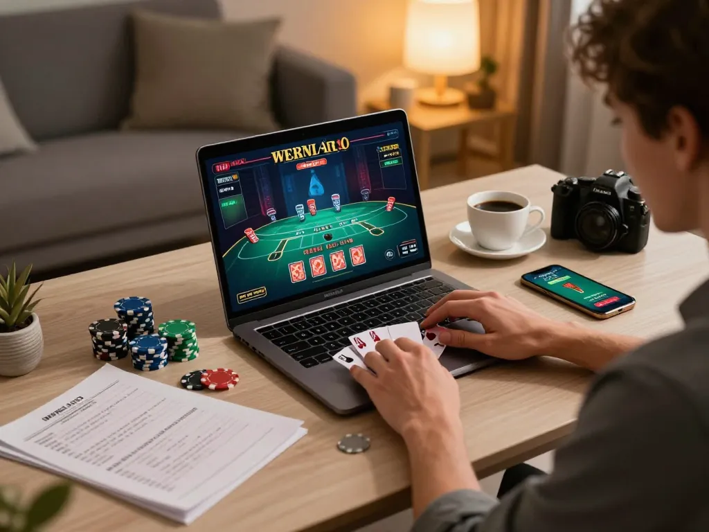 Player engaging with blackjack at nhà cái sc88 on a laptop, showcasing online casino gaming atmosphere.