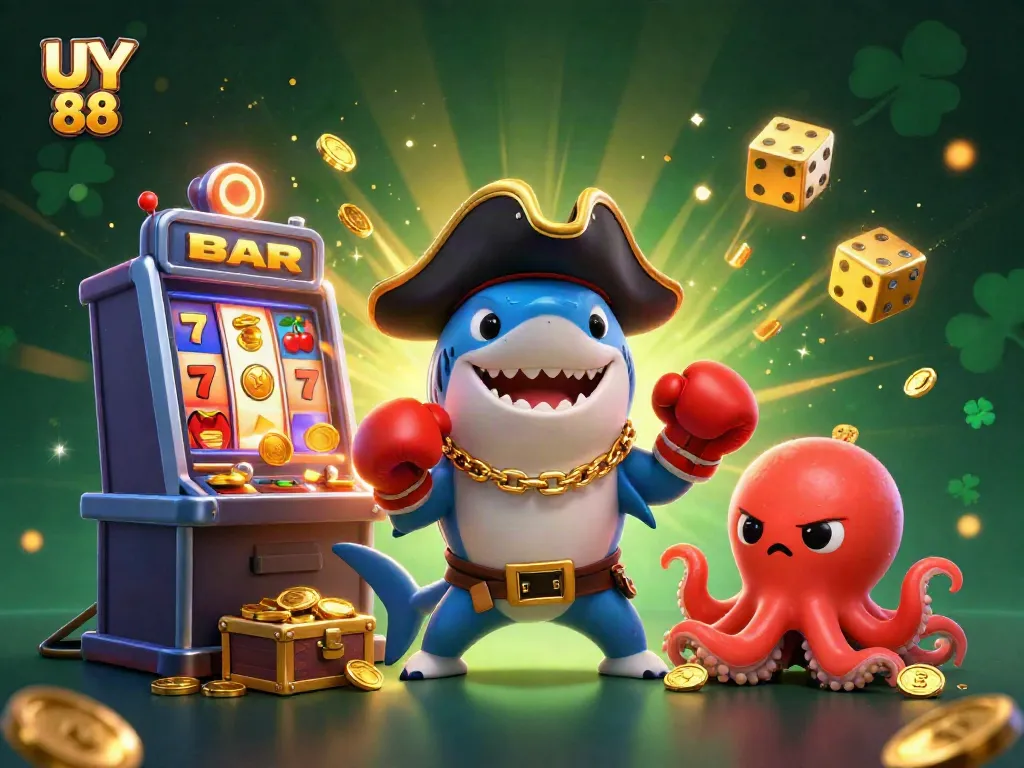 Engage with UY 88's vibrant casino art showcasing a playful underwater theme with slot elements.