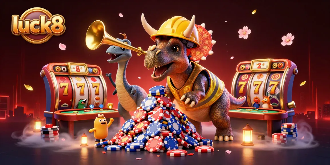 Join the adventure at luck8 as a triceratops and friends celebrate a jackpot win with floating slot reels, cherry blossoms, and festive confetti.