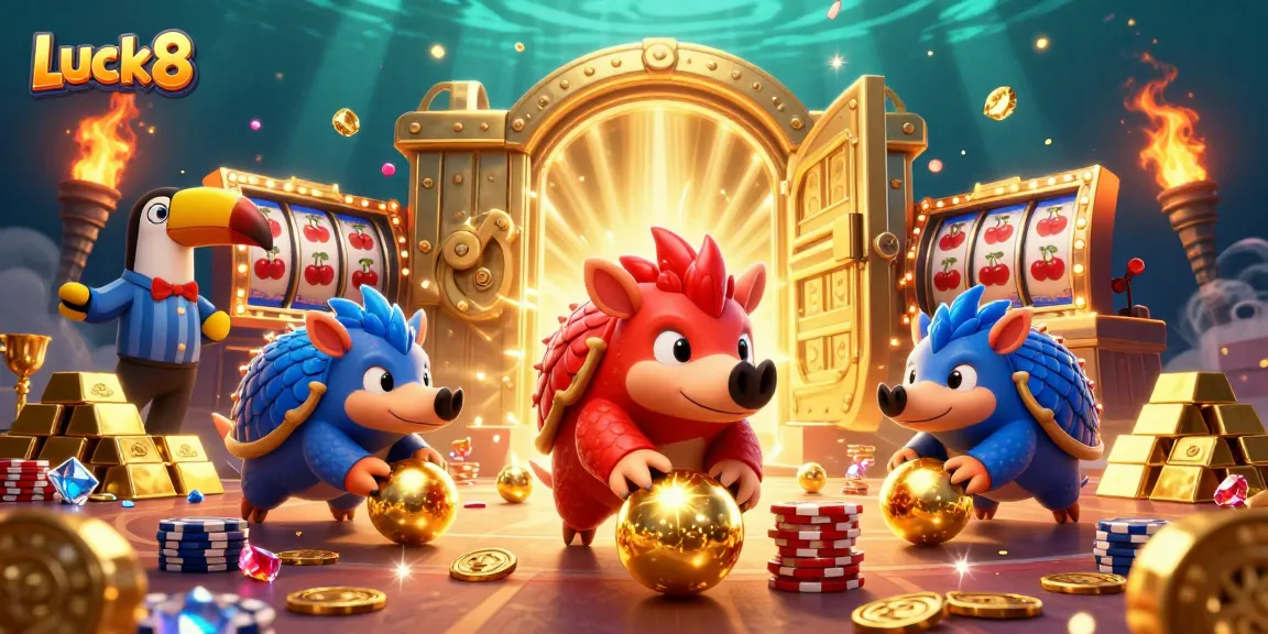 Luck8 pangolins roll golden balls and poker chips in a vibrant casino scene.