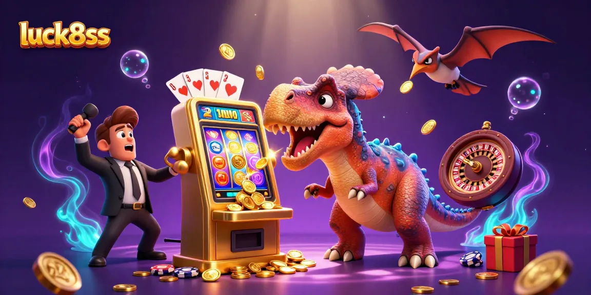 luck8ss casino scene: playful dinosaurs amid slot machine action and golden coins