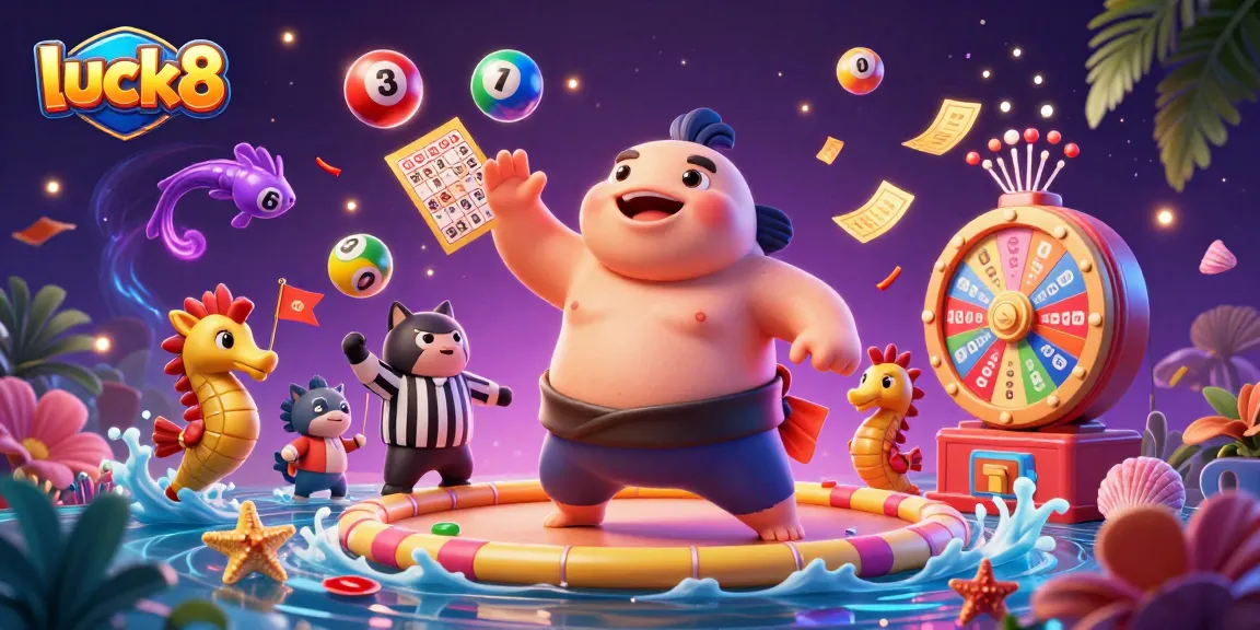 Engage in lively luck8 casino experiences with a fun 3D fugu surrounded by games.