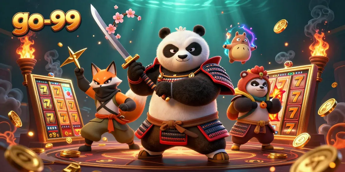 Experience thrilling action at go-99 with a vibrant 3D casino scene featuring a samurai panda and more.