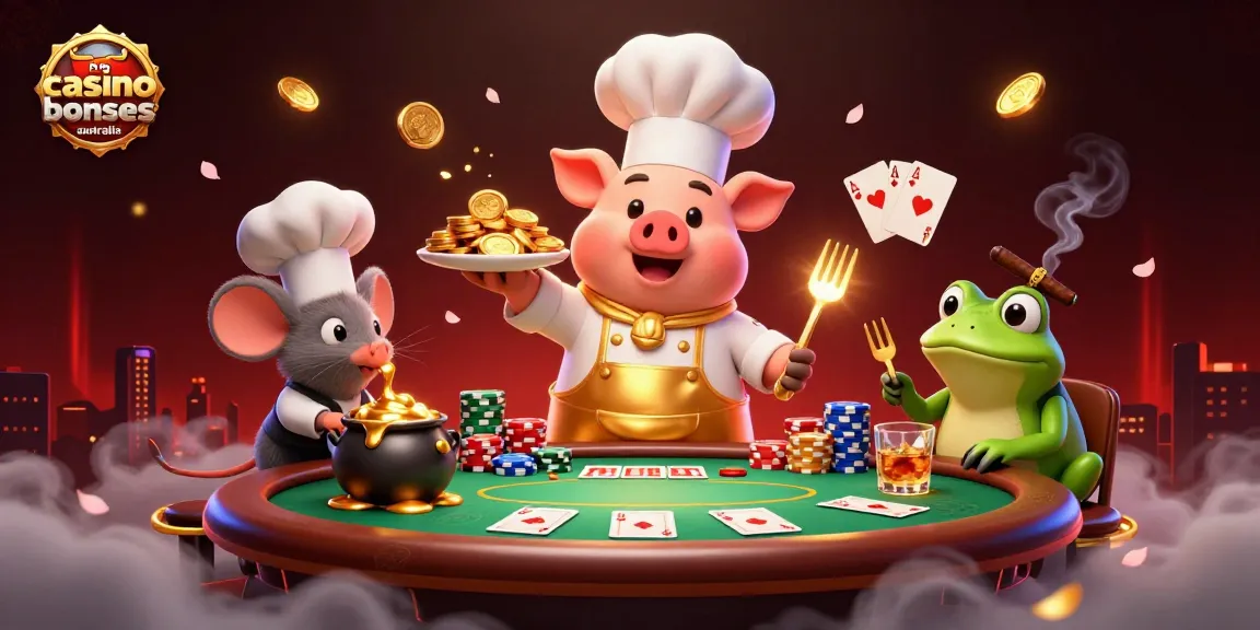 No deposit casino bonuses Australia highlighted in a vibrant 3D scene with a chef pig, tasting mouse, and critic frog.