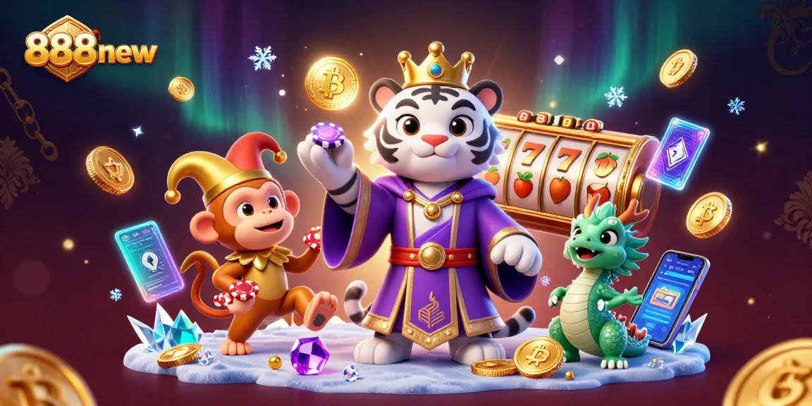 Experience thrilling slots at 888new in a vibrant casino scene featuring a majestic tiger and playful monkey.