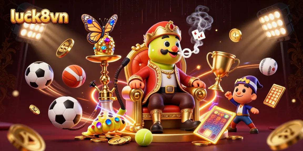 Experience the excitement of luck8vn with a vibrant casino scene featuring a caterpillar hookah-master and dynamic sports action.