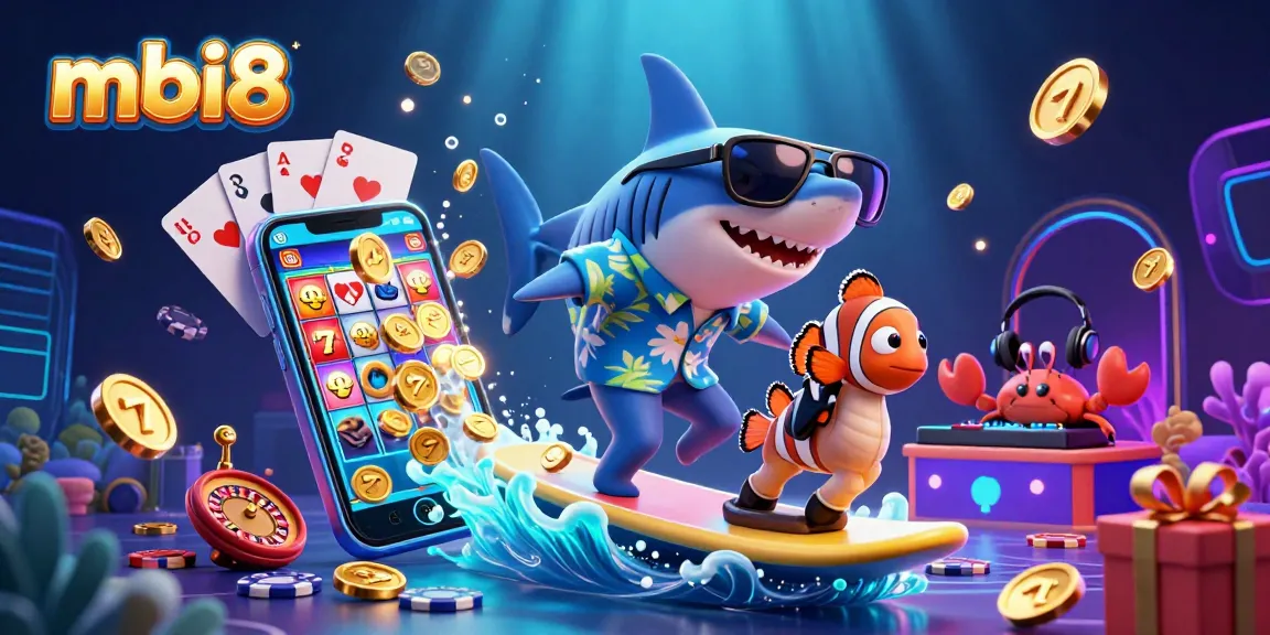 Experience the excitement at mbi8 with a vibrant 3D scene of a shark, clownfish, and crab amidst thrilling casino elements.