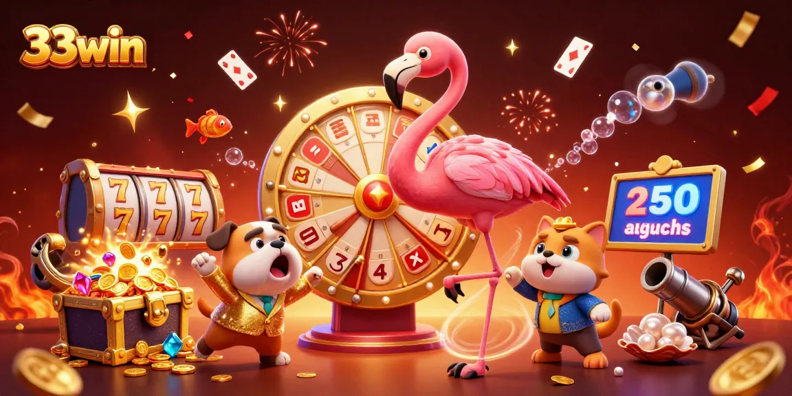 33win offers thrilling gameplay with a 3D cartoon scene featuring a vibrant game show host, exciting prizes, and underwater treasures.