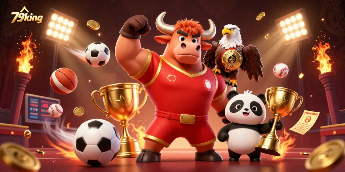 Experience thrilling wins at 79king with a dynamic, vibrant casino scene featuring mascots and game elements.