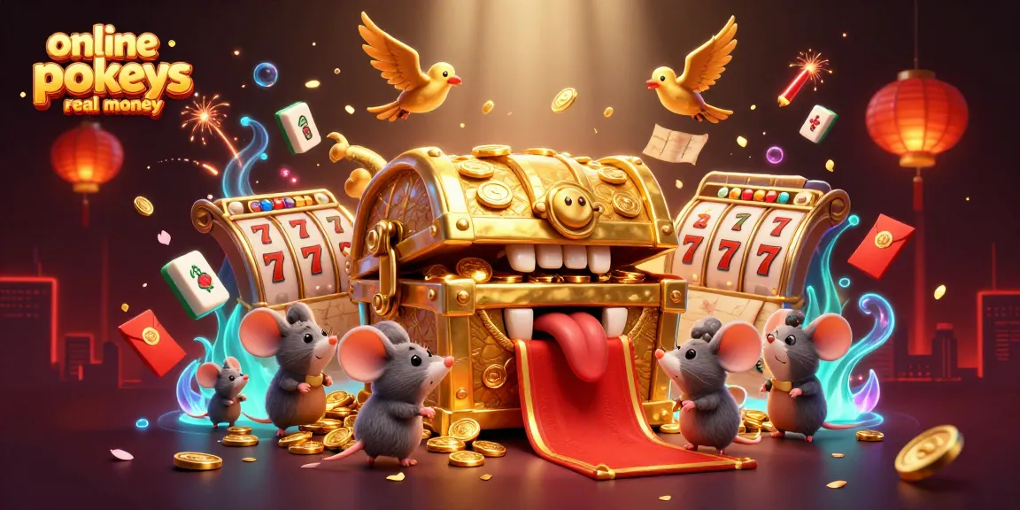 Spin to win with online pokies real money surrounded by vibrant gaming elements and a treasure chest.