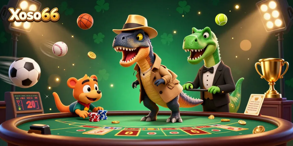 Xoso66 casino illustration with a velociraptor card counter and a pit boss, capturing the thrill of gambling.