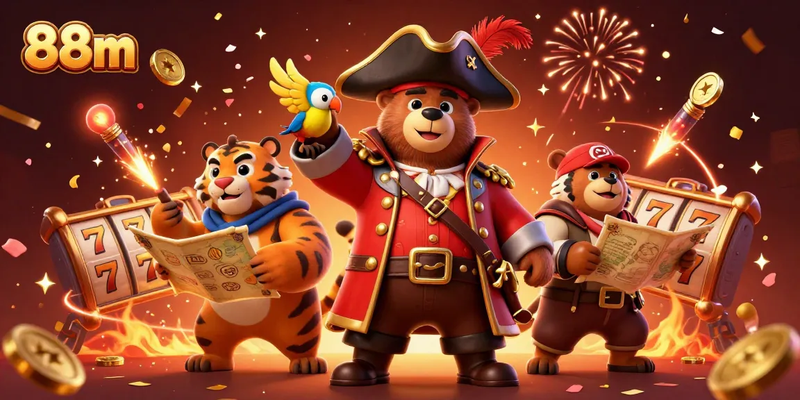 Bettors enjoy the thrilling atmosphere of 88m's vibrant casino with a pirate bear and tiger immersed in slots.