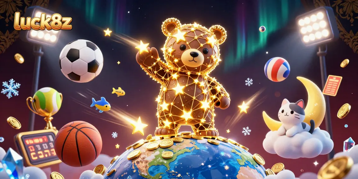 Win big with luck8z at online casinos featuring a cartoon constellation bear, sports elements, and shimmering effects.